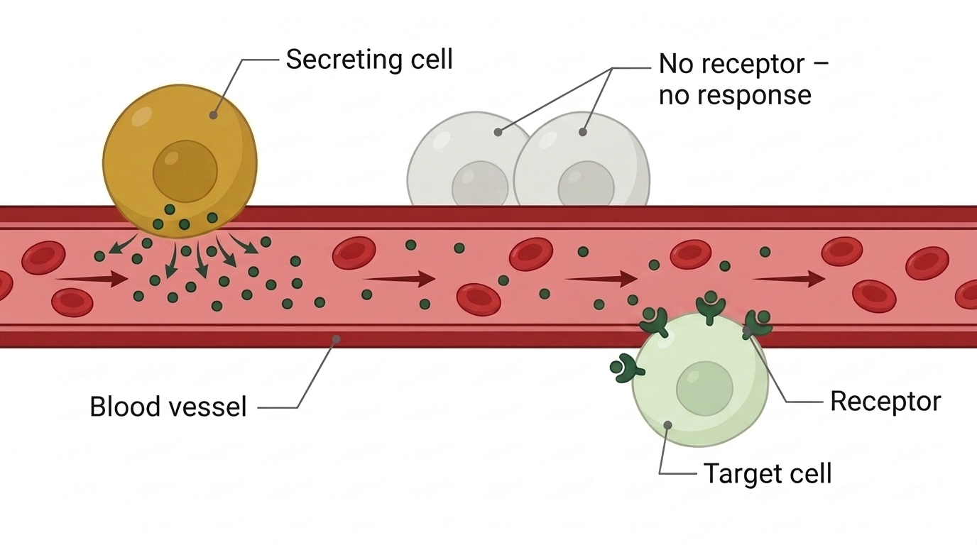 Endocrine – distant cells, via blood